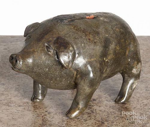 Redware pig bank, 19th c., with green glaze, 5 1/2'' l.