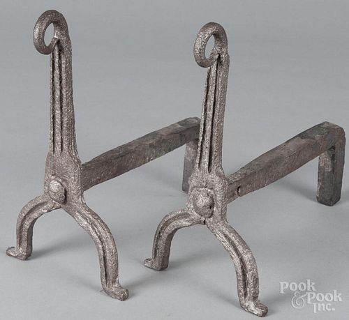 Pair of wrought iron andirons, 18th c., 11'' h.