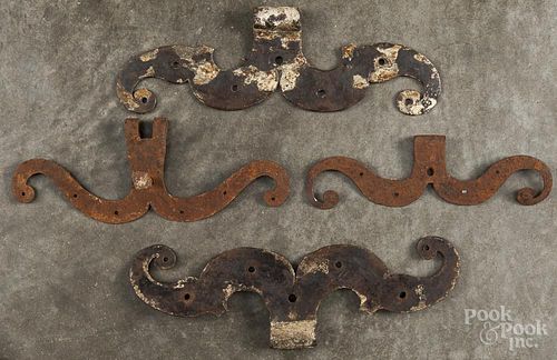Two pairs of wrought iron ram's horn hinges, 19th c., 13 1/4'' h. and 11 1/2'' h.