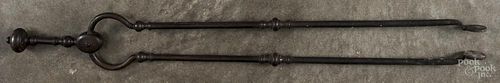 Pair of wrought iron fireplace tongs, 18th c., 33'' l.