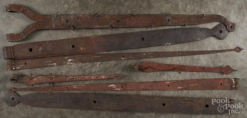 Five pairs of wrought iron barn hinges, 19th c., largest - 36'' l.