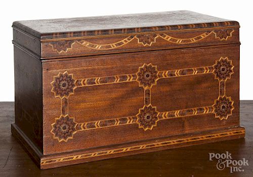 Parquetry inlaid mahogany dresser box, 19th c., with a lift lid and side drawer, 8'' h., 14'' w.