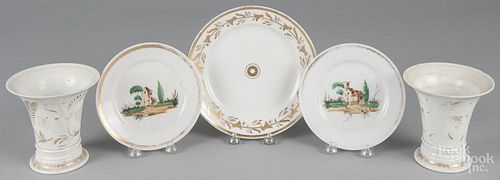 Five pieces of hard paste porcelain, ca. 1830, probably Tucker, to include a pair of vases, 5 1/4'' h.