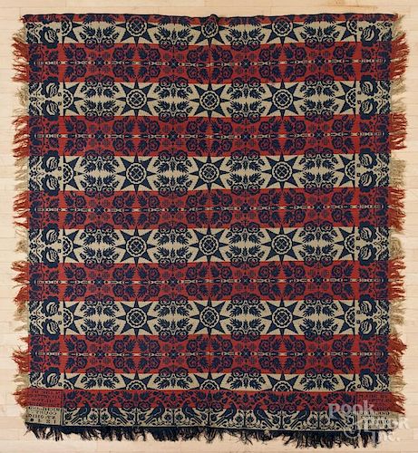 Jacquard coverlet, inscribed Made by J. Hartman Milton Township Richland County St. Ohio 1840