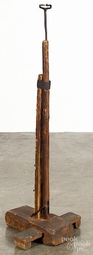Wrought iron and wood adjustable rush light stand, 18th c., extended - 53'' h.