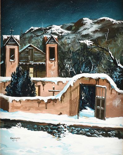 JERRY GEORGEFF (American b. 1948) A PAINTING, "Stars Twinkle above a Snow Capped Adobe Church," 1991,