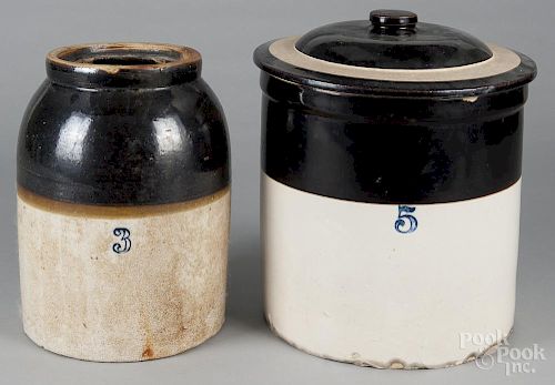 Five-gallon stoneware lidded crock, ca. 1900, 14 1/2'' h., together with a three-gallon crock
