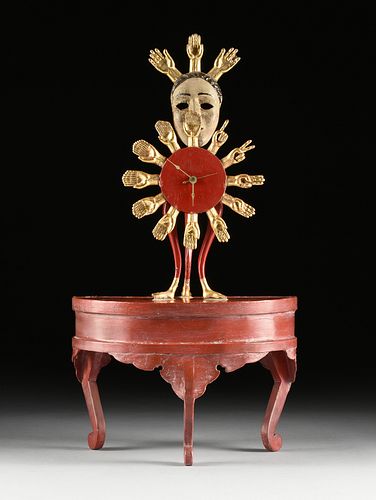 PEDRO FRIEDEBERG (Italian/Mexican b. 1936) AN HOROLOGICAL SCULPTURE ON STAND, "Clock with Mask,"