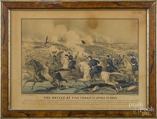 Currier and Ives color lithograph, The Battle at Five Forks Va. April 1st 1865, 8'' x 12 1/4''.