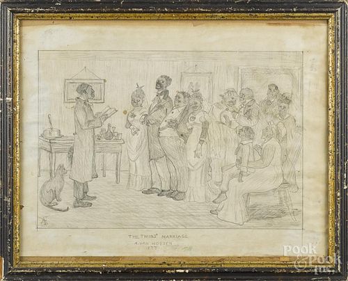 Pencil caricature of an African American wedding, titled The Twins' Marriage A. Van Hoesen 1877