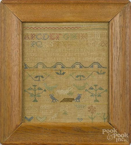 Silk on linen sampler, dated 1749, wrought by Elisabeth Haslet, 9 1/2'' x 8 1/4''.
