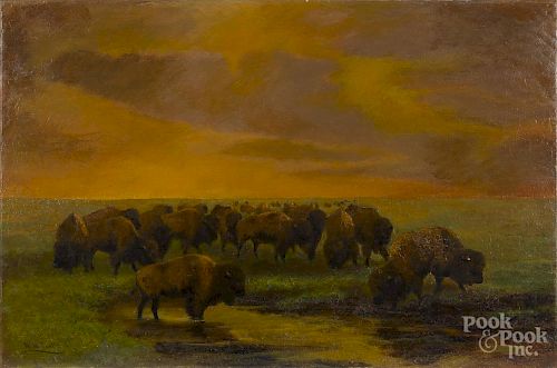 Newbold Hough Trotter (American 1827-1898), oil on canvas landscape with buffalo, signed lower left
