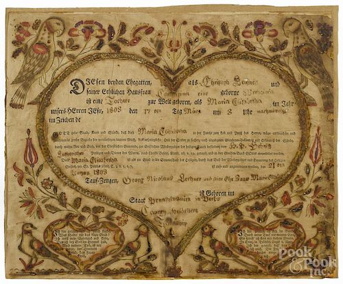 Two Berks County, Pennsylvania printed and hand colored fraktur, dated 1785 and 1803, 13'' x 17''