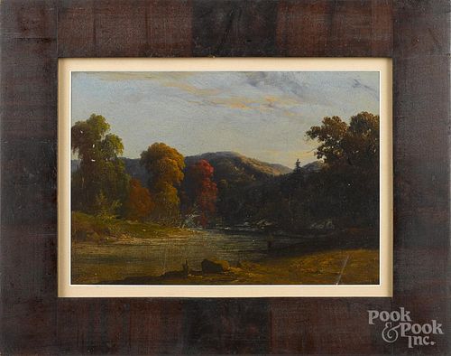 American oil on board landscape, titled On Union Canal 1851, 9'' x 13''.