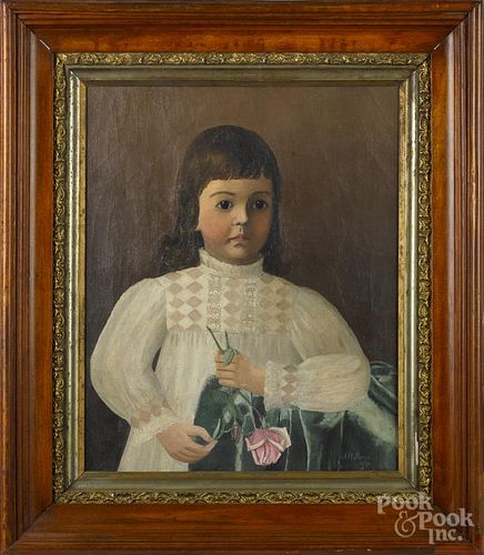 Oil on canvas portrait of a young girl, signed J. H. Morris 10/90, 22'' x 18''.