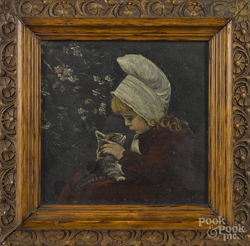 Oil on board of a girl and cat, signed I.A.K. 1886, 6 1/2'' x 6 1/2''.