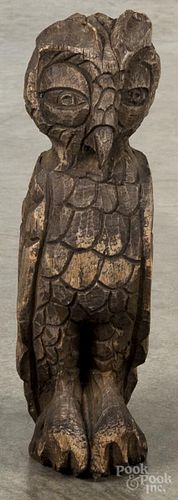 Carved pine figure of an owl, 19th c., 14'' h.