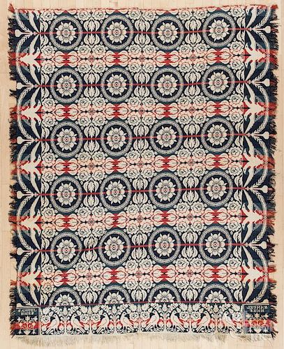 Jacquard coverlet, ca. 1840, inscribed Samuel Hicks, with an eagle border, 96'' x 80''.