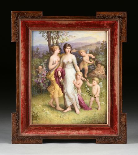 A LARGE KPM HAND PAINTED "FRÜHLING" PORCELAIN PLAQUE, MARKED, SIGNED, BERLIN, 19TH CENTURY, 