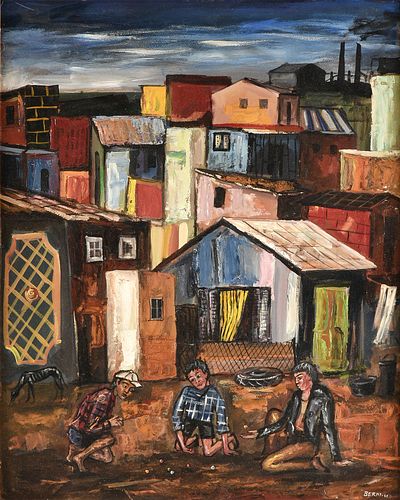ANTONIO BERNI (Argentinian 1905-1981) A PAINTING, "Juanito y sus Amigos en Villa Piolín," 1960,