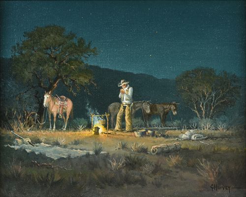 GERALD "G. HARVEY" JONES (American 1933-2017) A PAINTING, "The Lone Camper, Starry Night,"