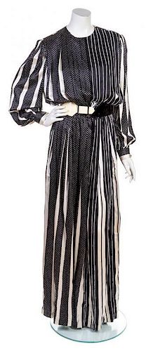 * A Bill Blass Black and White Silk Pleated Gown,