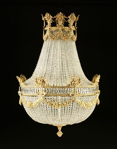 A STUNNING REGENCY STYLE GILT BRONZE AND CRYSTAL BEADED CHANDELIER, EARLY 20TH CENTURY, 