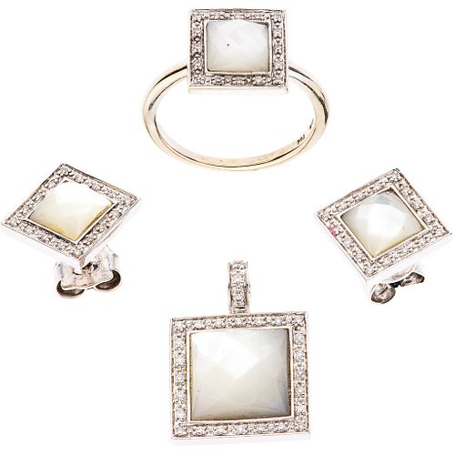 SET OF PENDANT, RING AND PAIR OF EARRINGS WITH MOTHER OF PEARL AND DIAMONDS IN 18K WHITE GOLD, TOUS