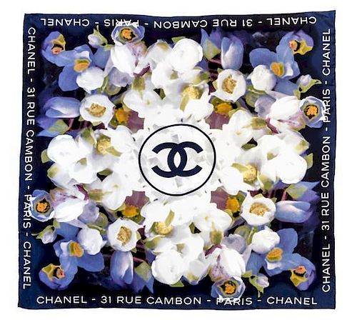 A Chanel Blue Muted Floral Scarf,
