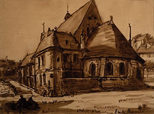 Emile Bernard, Fr. 1868-1941, "Pontoise Notre Dame", Sepia watercolor on paper, matted and framed under glass