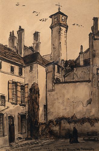 Emile Bernard, Fr. 1868-1941, "Cour du Musee du Tonnerre" 1920, Sepia watercolor on paper, matted and framed under glass