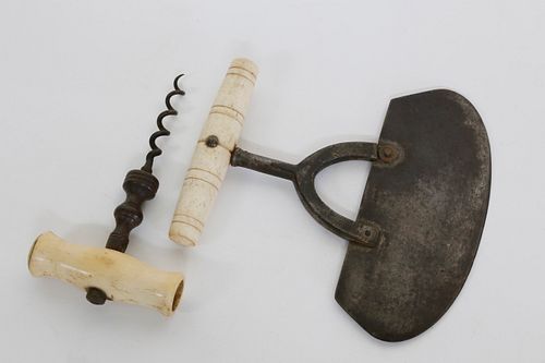 Antique Sailor Made Turned Whalebone Handle Food Chopper and Corkscrew, circa 1860