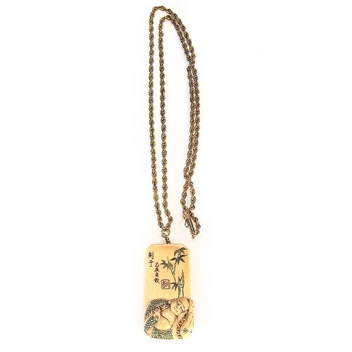 Chinese carved inro clasp/pendant & 14k gold chain