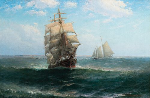 T.V.C. Valenkamph, Am. 1968-1924, Square Rigged Ship & Schooner, Oil on canvas, framed