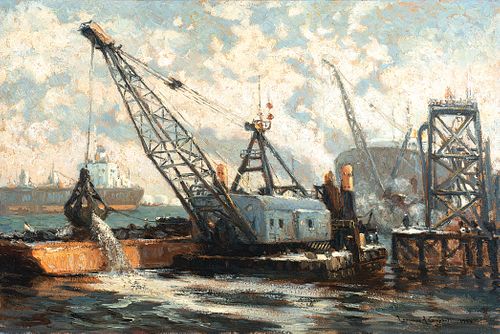 Laurence A. Campbell, Am. b. 1939, "Dredge Doing Pier Works for Arco on the Delaware River circa 1965" 1993, Oil on canvas