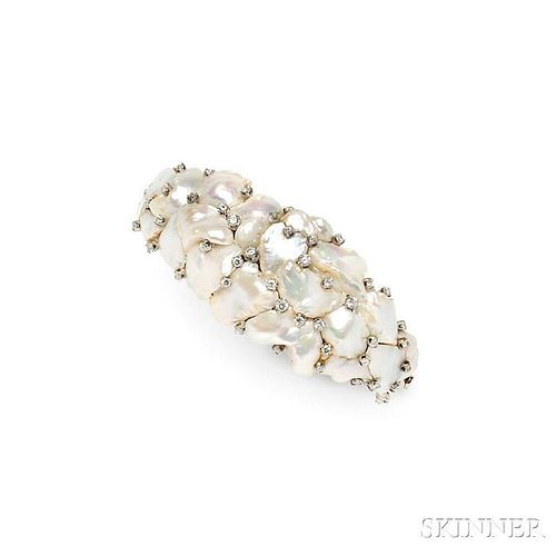 14kt White Gold, Baroque Freshwater Pearl, and Diamond Bracelet