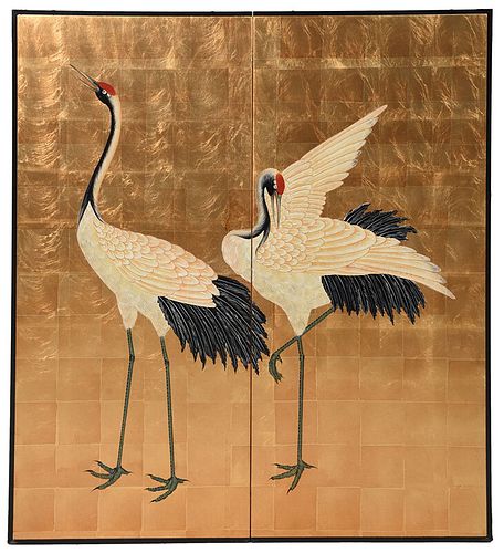 Japanese Two Panel Screen with Crane Decoration