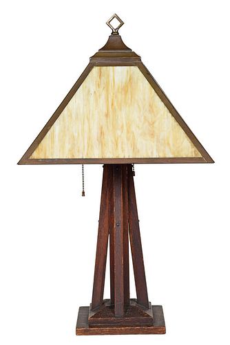 Arts and Crafts Slag Glass and Wood Table Lamp