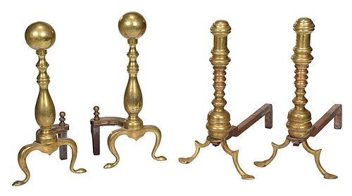 Two Pairs of Brass and Iron Andirons