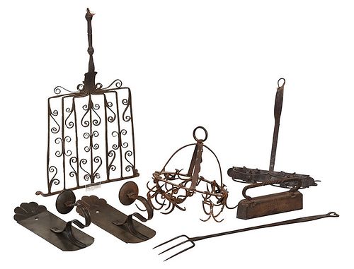 Five Iron Hearth Tools and Pair Tin Sconces 