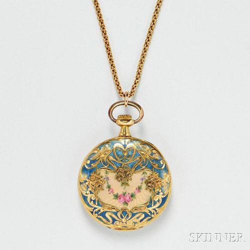 Antique 18kt Gold and Enamel Open Face Pendant Watch