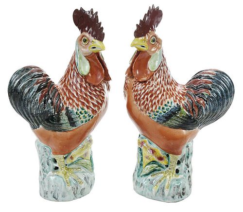 Pair of Chinese Export Porcelain Roosters