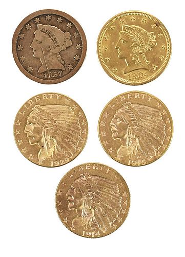 Five $2.50 Gold Coins