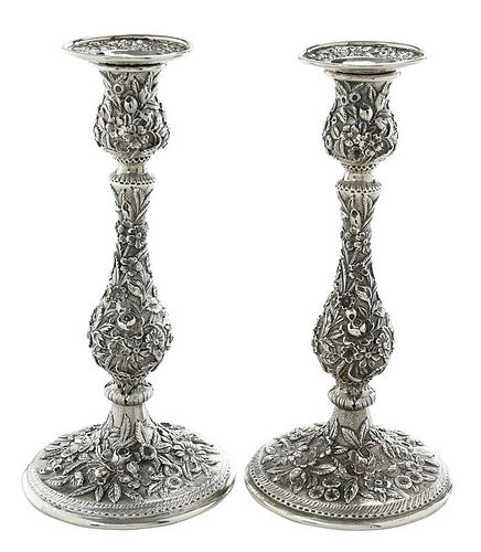 Pair Kirk Repousse Sterling Candlesticks