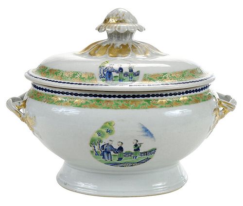 Chinese Export Green Enamel and Gilt Soup Tureen