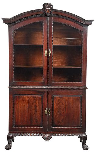 Irish Carved Figured Mahogany Bookcase Cabinet