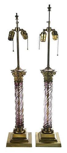 Pair of French Amethyst Glass Column Form Lamps