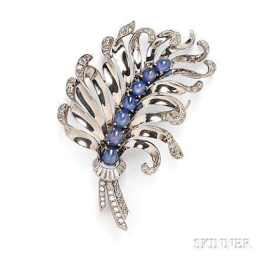 18kt White Gold, Star Sapphire, and Diamond Feather Brooch