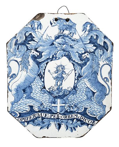 A London Delft Blue and White Armorial Pill Tile