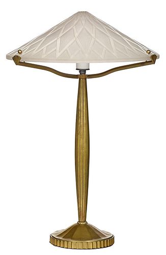 Art Deco Lamp with Pierre D'Avesn Signed Shade